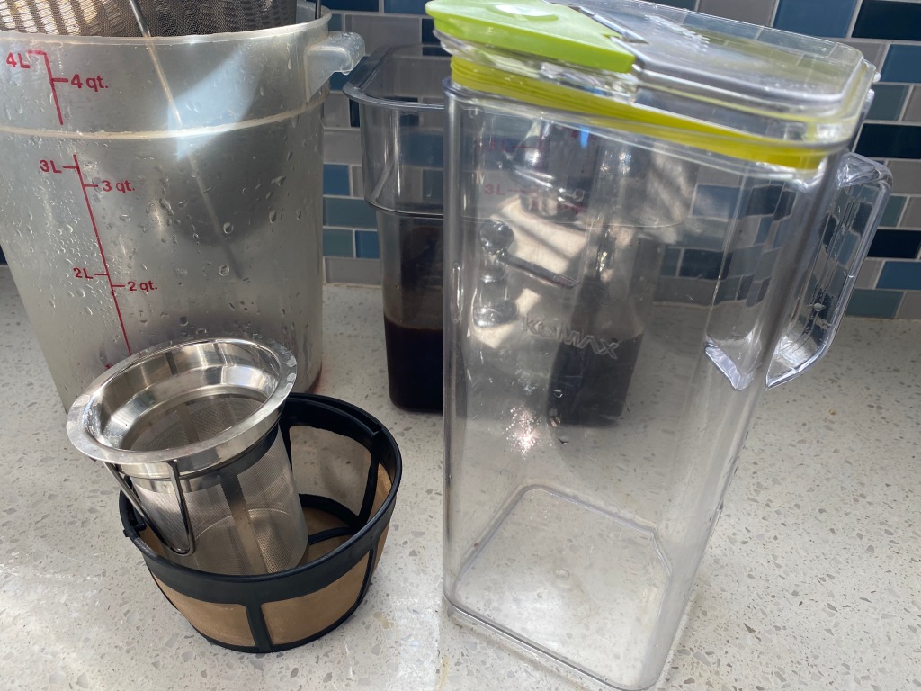Pitcher, coffee filters, and storage containers.